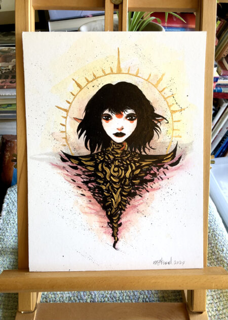 mixed media portrait of an elf woman with a spiky halo of gold, black clothing with gold brush strokes all through it.