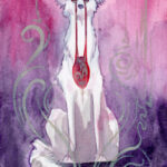 watercolor painting of a white dog sitting with red liquid eyes dripping into a hole in it's chest. The background is pink above and violet below, with interference colors in decorative swirls around the figure.