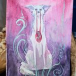 watercolor painting of a white dog sitting with red liquid eyes dripping into a hole in it's chest. The background is pink above and violet below, with interference colors in decorative swirls around the figure.