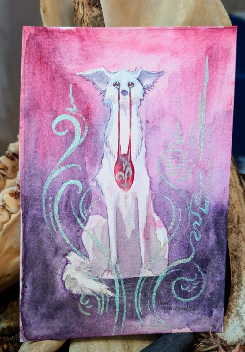 watercolor painting of a white dog sitting with red liquid eyes dripping into a hole in it's chest. The background is pink above and violet below, with interference colors in decorative swirls around the figure.