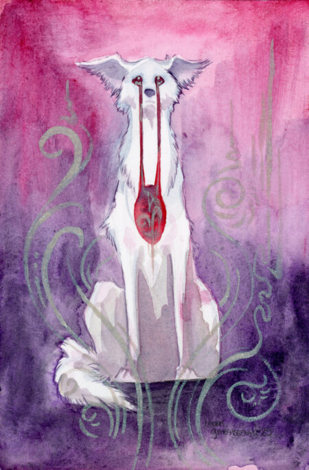 watercolor painting of a white dog sitting with red liquid eyes dripping into a hole in it's chest. The background is pink above and violet below, with interference colors in decorative swirls around the figure.