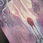 watercolor painting of a white dog sitting with red liquid eyes dripping into a hole in it's chest. The background is pink above and violet below, with interference colors in decorative swirls around the figure.