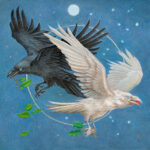 Two ravens flying in opposite directions, representing the Winter and Summer solstices.