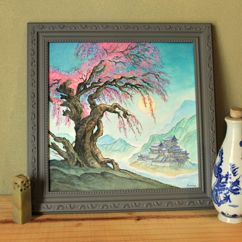 Watercolor painting with frame, portraying a sakura tree on a hill and a asian city on the bottom right. There is a yellow moon behind the tree.