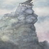 a small stone building with a pointy roof sits atop a craggy stony outcrop on a hill with a sunset sky behind
