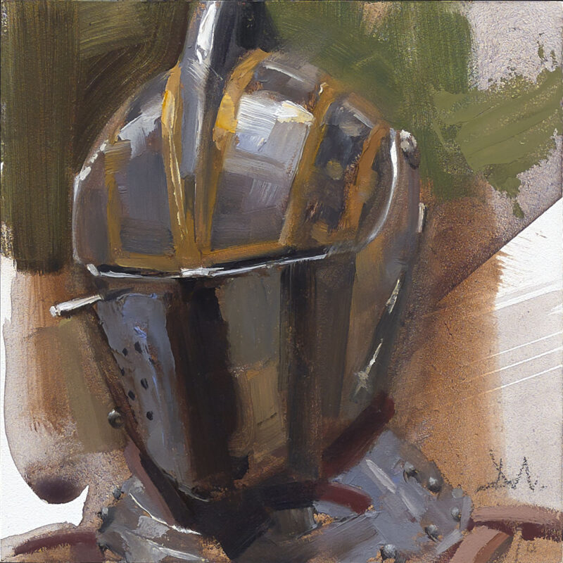 Greg Manchess painting of a jousting helmet.