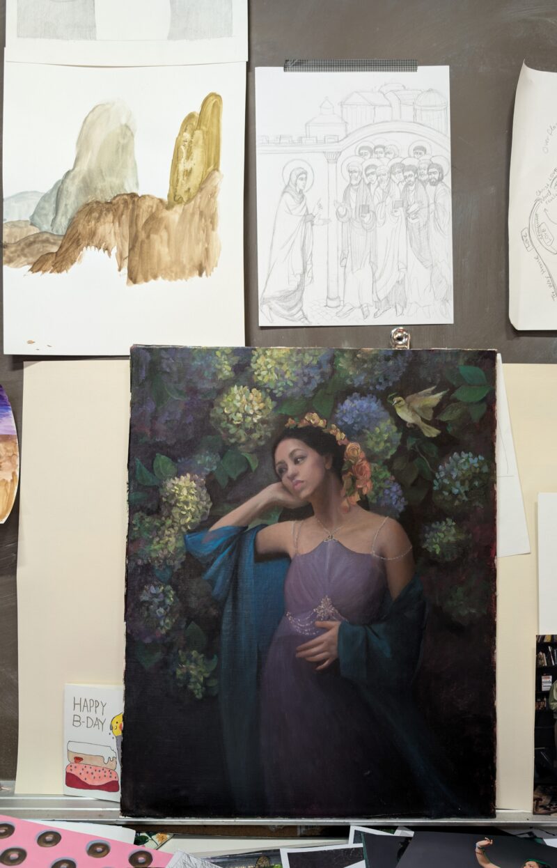 Oil Painting Girl with Hydrangeas