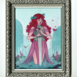 A framed mixed media painting of a woman with long, red hair, wearing a flowing pink dress and torso armor wielding a sword and standing in water. She is surrounded by willow trees, birds, and lily pads.