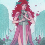 A mixed media painting of a woman with long, red hair, wearing a flowing pink dress and torso armor wielding a sword and standing in water. She is surrounded by willow trees, birds, and lily pads.