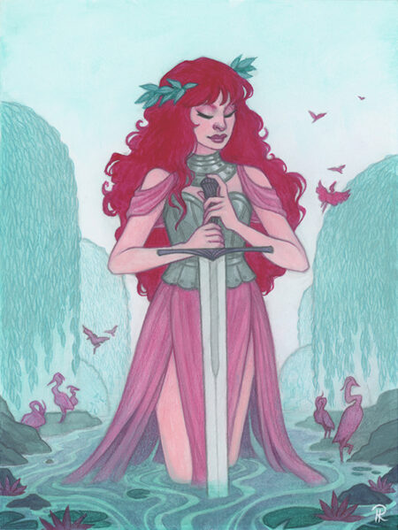 A mixed media painting of a woman with long, red hair, wearing a flowing pink dress and torso armor wielding a sword and standing in water. She is surrounded by willow trees, birds, and lily pads.