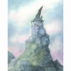 a small stone building with a pointy roof sits atop a craggy stony outcrop on a hill with a sunset sky behind