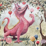 Painting of a pink dragon with candy cane horns. He is centered between 2 trees bearing candied apple fruit. He is holding a lollipop flower.