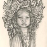 Graphite drawing of a Mexican child with a flower crown and monarch butterflies