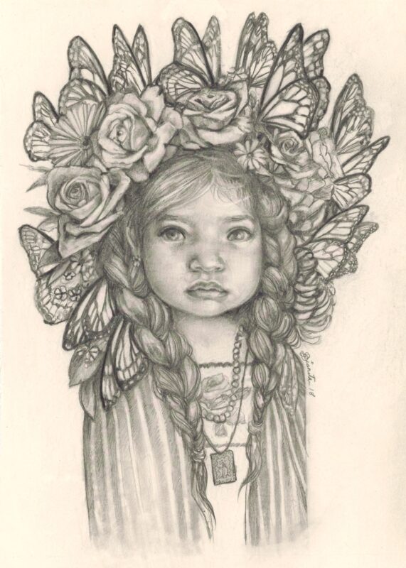 Graphite drawing of a Mexican child with a flower crown and monarch butterflies