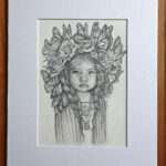 Graphite drawing of a Mexican child with a flower crown and monarch butterflies