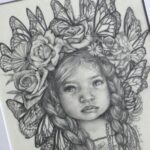 Graphite drawing of a Mexican child with a flower crown and monarch butterflies