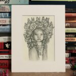 Graphite drawing of a Mexican child with a flower crown and monarch butterflies