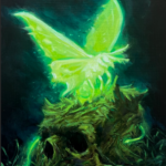 This image shows a painting I created called Revival. the image portrays a overgrown skull hatching a moth of pure light.