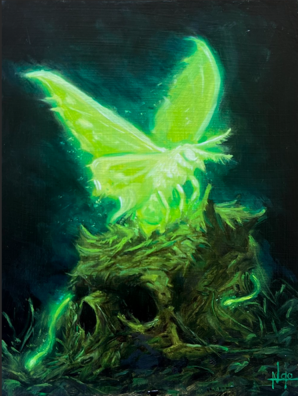 This image shows a painting I created called Revival. the image portrays a overgrown skull hatching a moth of pure light.