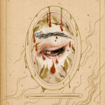 Drawing of an eye in an antique photo frame. The eye is pointed down and to the right, with foliage and blood. Gold drips are on the antique photo frame.