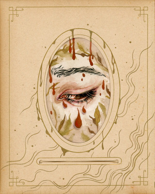Drawing of an eye in an antique photo frame. The eye is pointed down and to the right, with foliage and blood. Gold drips are on the antique photo frame.