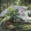 Painting of a white dragon resting on a fallen log with a small tree growing from it in the forest.