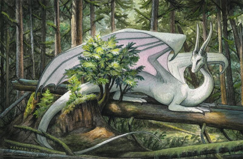 Painting of a white dragon resting on a fallen log with a small tree growing from it in the forest.