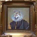 "Florentine" a small acrylic gouache portrait of a wolf-man in renaissance dress, in a gold frame.