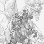 Drawing of a knight on horseback with a dragon racing toward him in the background.