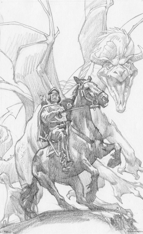 Drawing of a knight on horseback with a dragon racing toward him in the background.