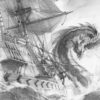 Drawing of a sailing ship being attacked by a giant sea serpent.