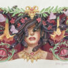 A decorative portrait of Medusa, close up on her face that is partially obscured by snakes.