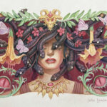 A decorative portrait of Medusa, close up on her face that is partially obscured by snakes.