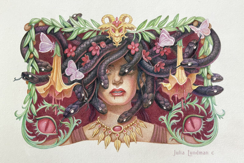 A decorative portrait of Medusa, close up on her face that is partially obscured by snakes.