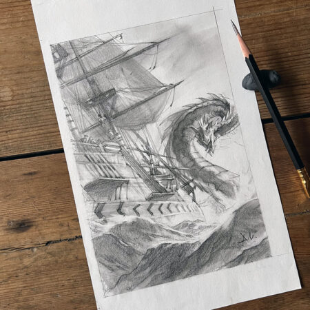 Drawing of a sailing ship being attacked by a giant sea serpent.