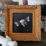 Art depicting a flying tooth, in mixed media, framed