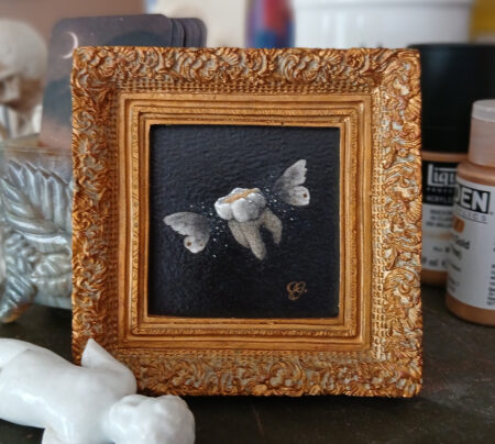 Art depicting a flying tooth, in mixed media, framed