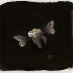 Art depicting a flying tooth, in mixed media