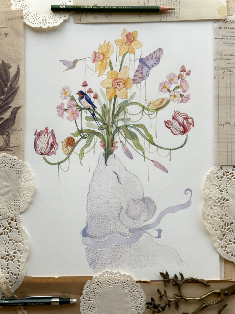 Whimsical Watercolour painting of autumn flora and fauna