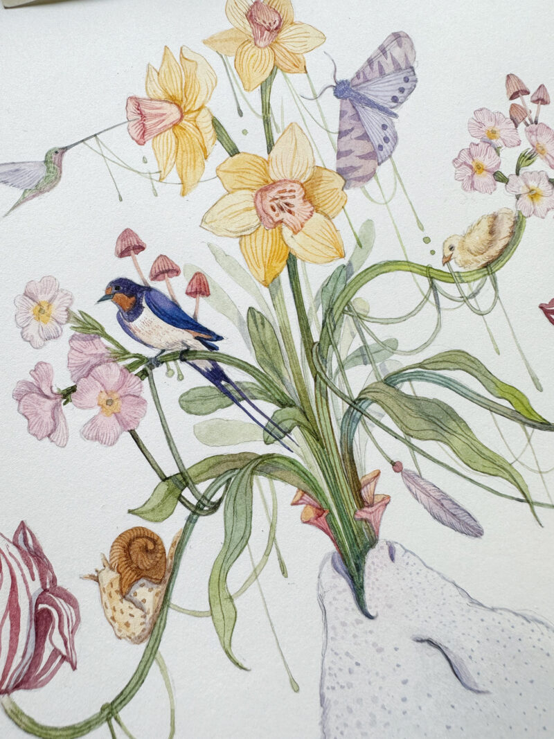 Whimsical Watercolour painting of autumn flora and fauna