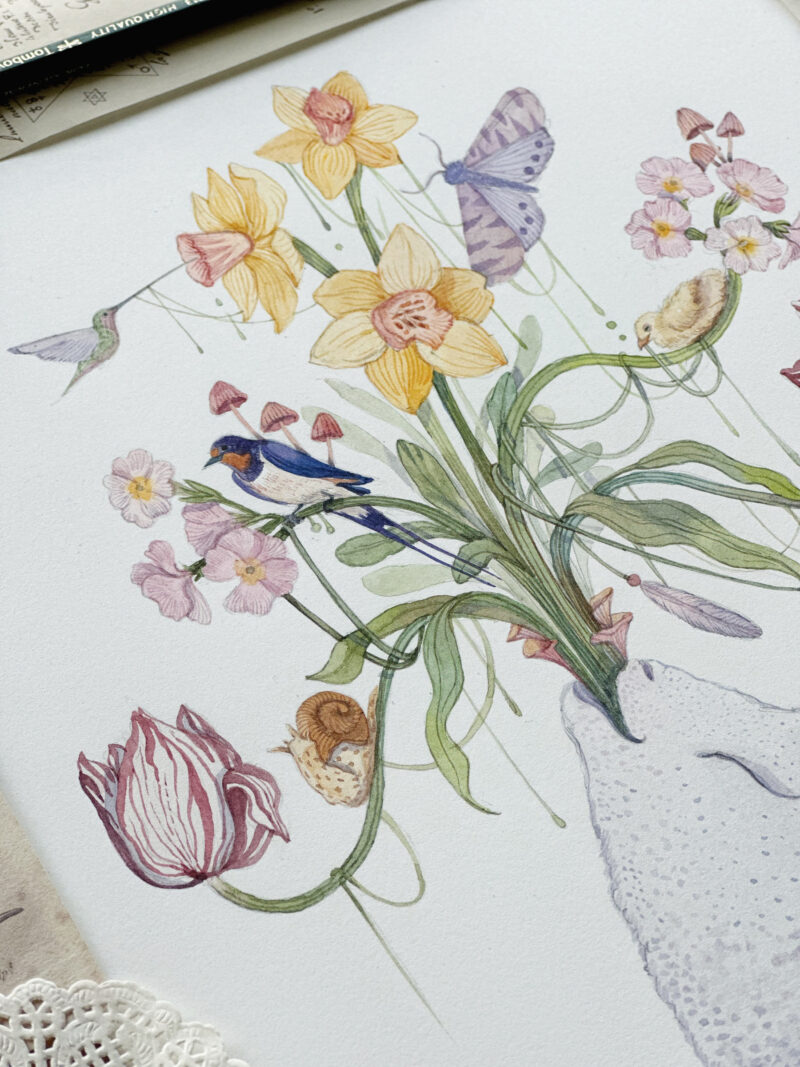 Whimsical Watercolour painting of autumn flora and fauna