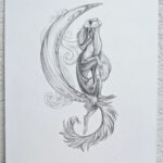 drawing of a sphinx with a mask, sitting in the crescent of a stylized moon, looking up, with hands gracefully extended down. One leg drapes down with an arched tail and clouds behind the moon.