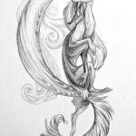 drawing of a sphinx with a mask, sitting in the crescent of a stylized moon, looking up, with hands gracefully extended down. One leg drapes down with an arched tail and clouds behind the moon.