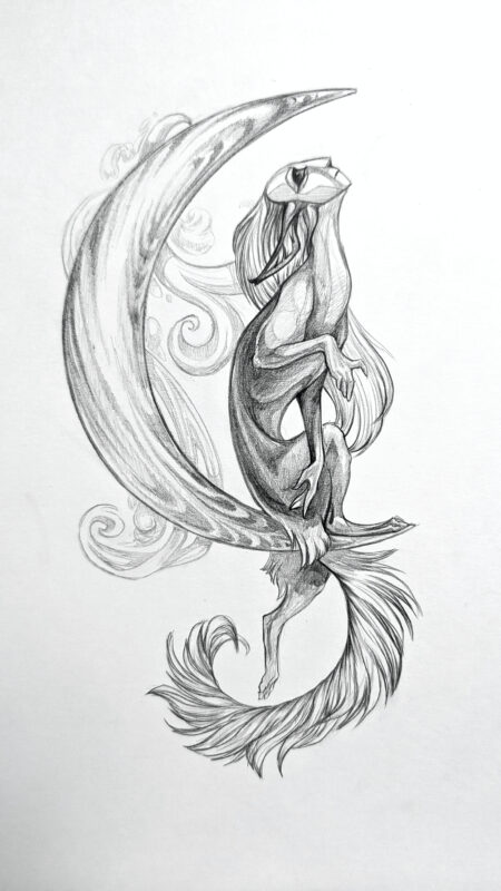 drawing of a sphinx with a mask, sitting in the crescent of a stylized moon, looking up, with hands gracefully extended down. One leg drapes down with an arched tail and clouds behind the moon.