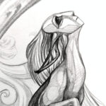 drawing of a sphinx with a mask, sitting in the crescent of a stylized moon, looking up, with hands gracefully extended down. One leg drapes down with an arched tail and clouds behind the moon.