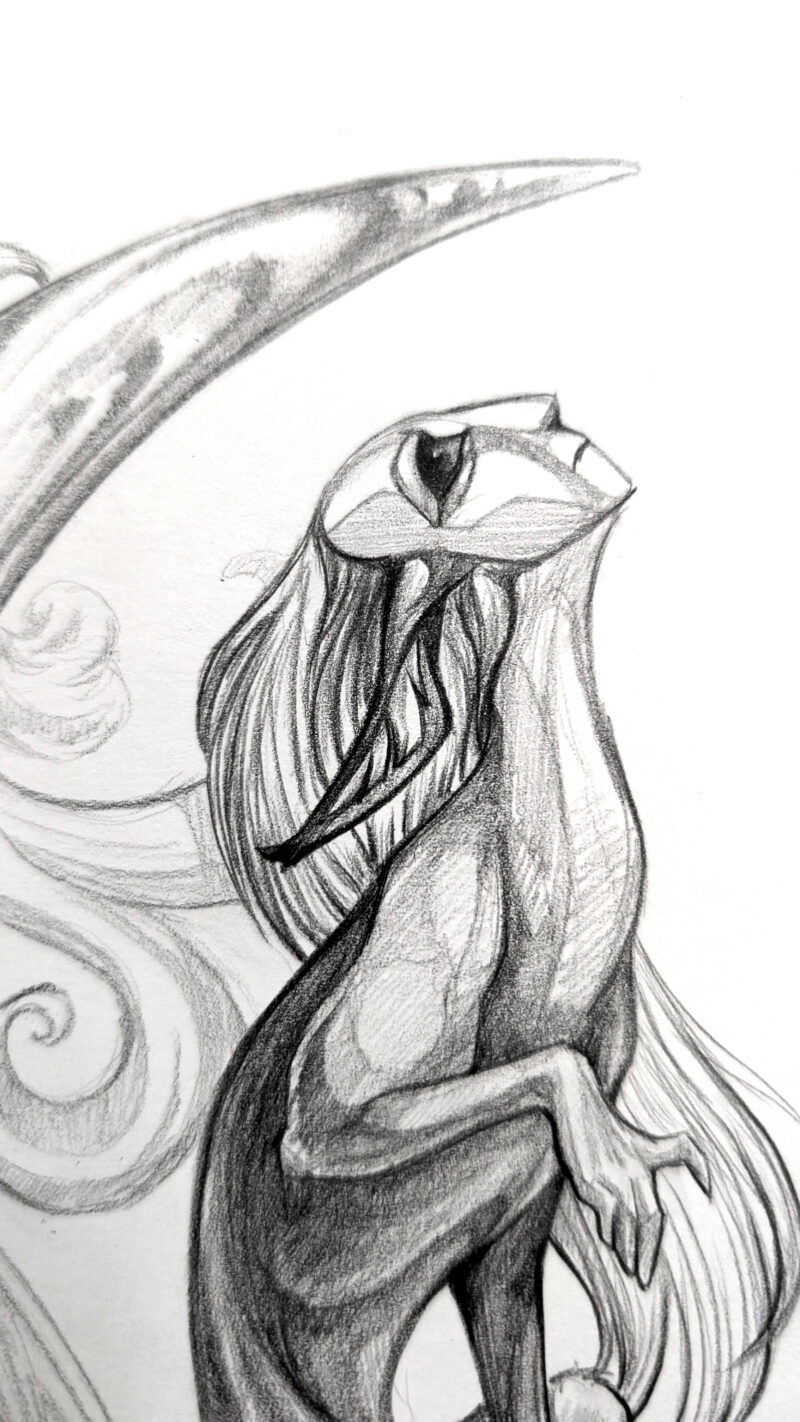drawing of a sphinx with a mask, sitting in the crescent of a stylized moon, looking up, with hands gracefully extended down. One leg drapes down with an arched tail and clouds behind the moon.
