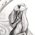 drawing of a sphinx with a mask, sitting in the crescent of a stylized moon, looking up, with hands gracefully extended down. One leg drapes down with an arched tail and clouds behind the moon.