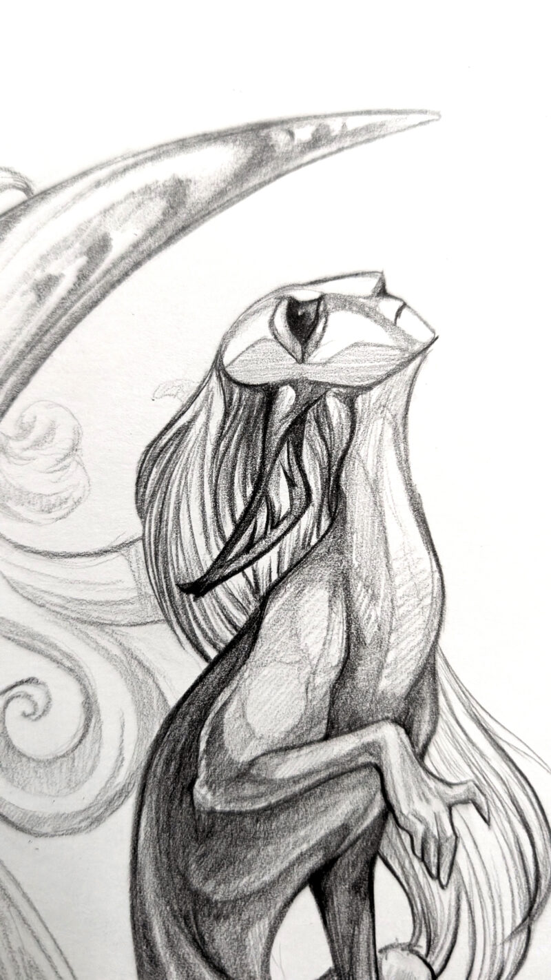 drawing of a sphinx with a mask, sitting in the crescent of a stylized moon, looking up, with hands gracefully extended down. One leg drapes down with an arched tail and clouds behind the moon.