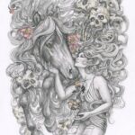 A graphite drawing of a woman with a horse and skulls