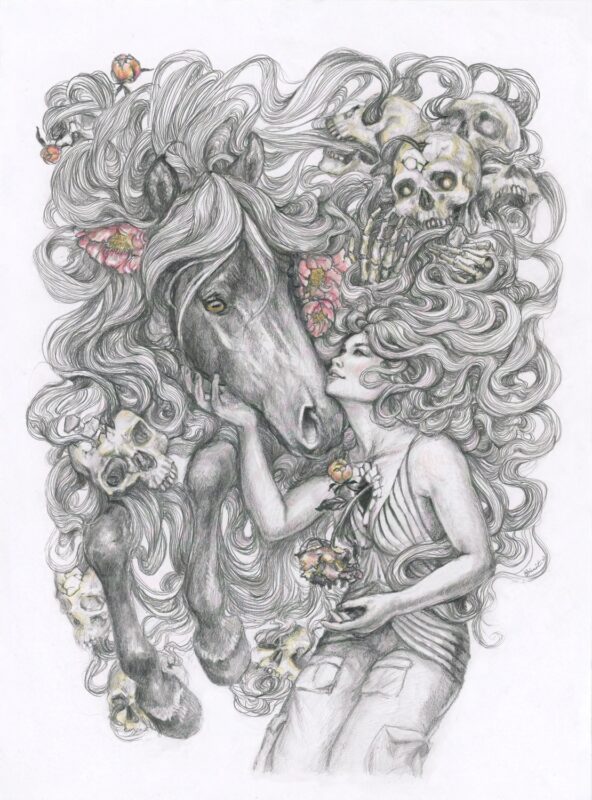 A graphite drawing of a woman with a horse and skulls